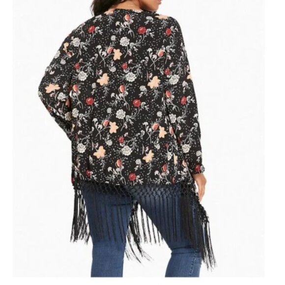 Torrid Multi Color Floral Fringe Open Front Long Sleeve Duster Kimono 1 1X 14/16 - Picture 2 of 9